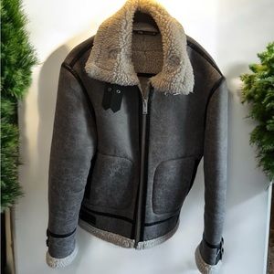 Zara Gray Bomber Jacket with Shearling Collar